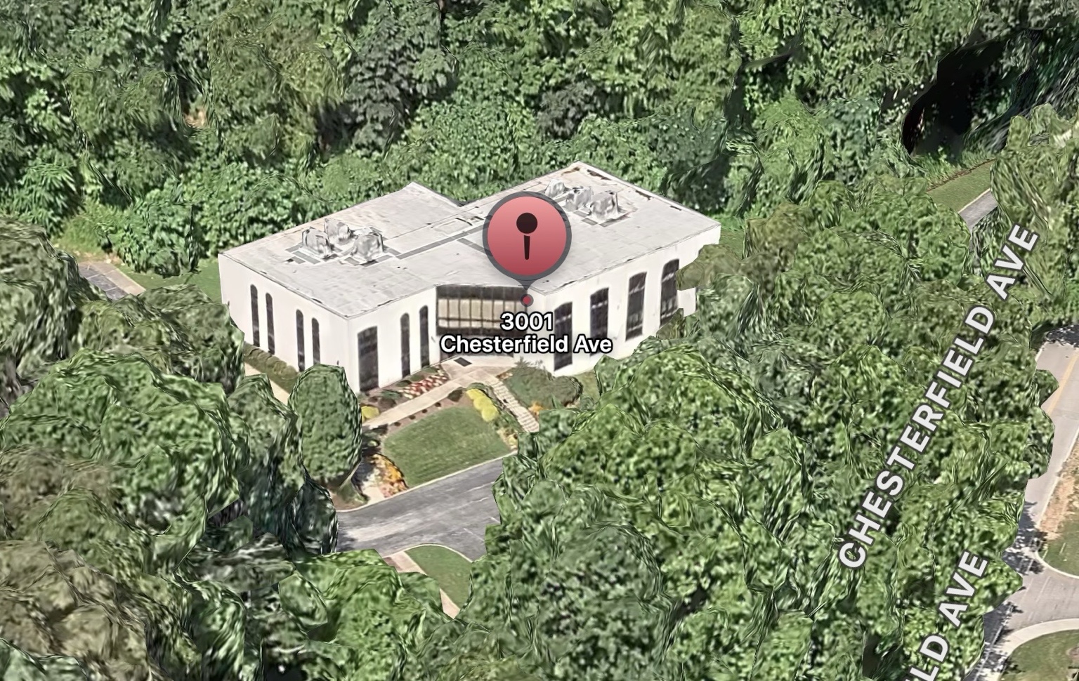 Aerial view of 3001 Chesterfield Avenue and its landscaped grounds.