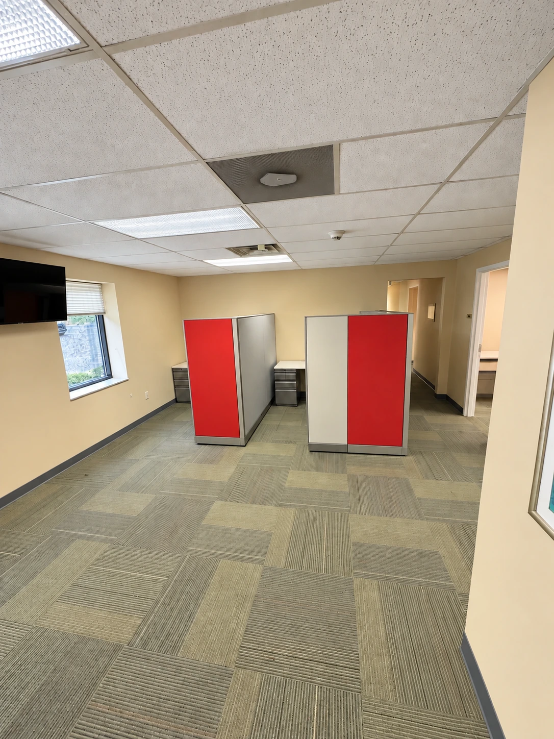 View across the open work area showing red cubicle partitions, windows and circulation space.
