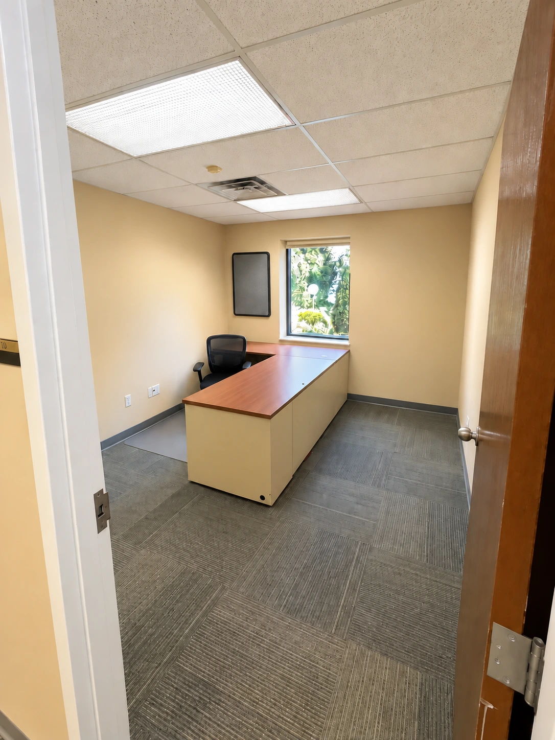 Private office with an existing desk, office chair and a window overlooking the grounds.