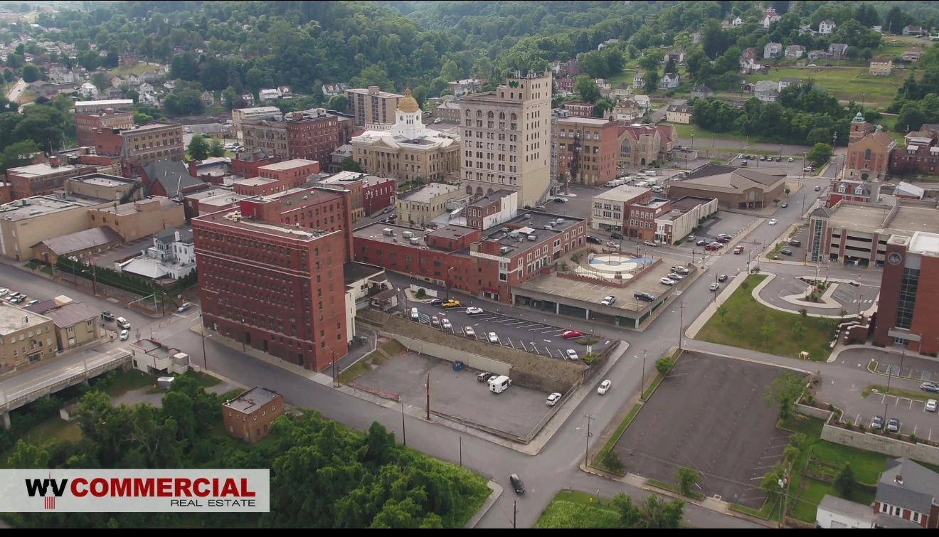 Aerial photograph of Veterans Square and the surrounding downtown Fairmont streets and buildings.